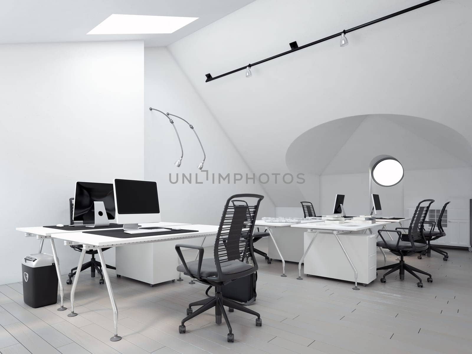 Minimalist office with ergonomic chairs and clean white design. 3d render