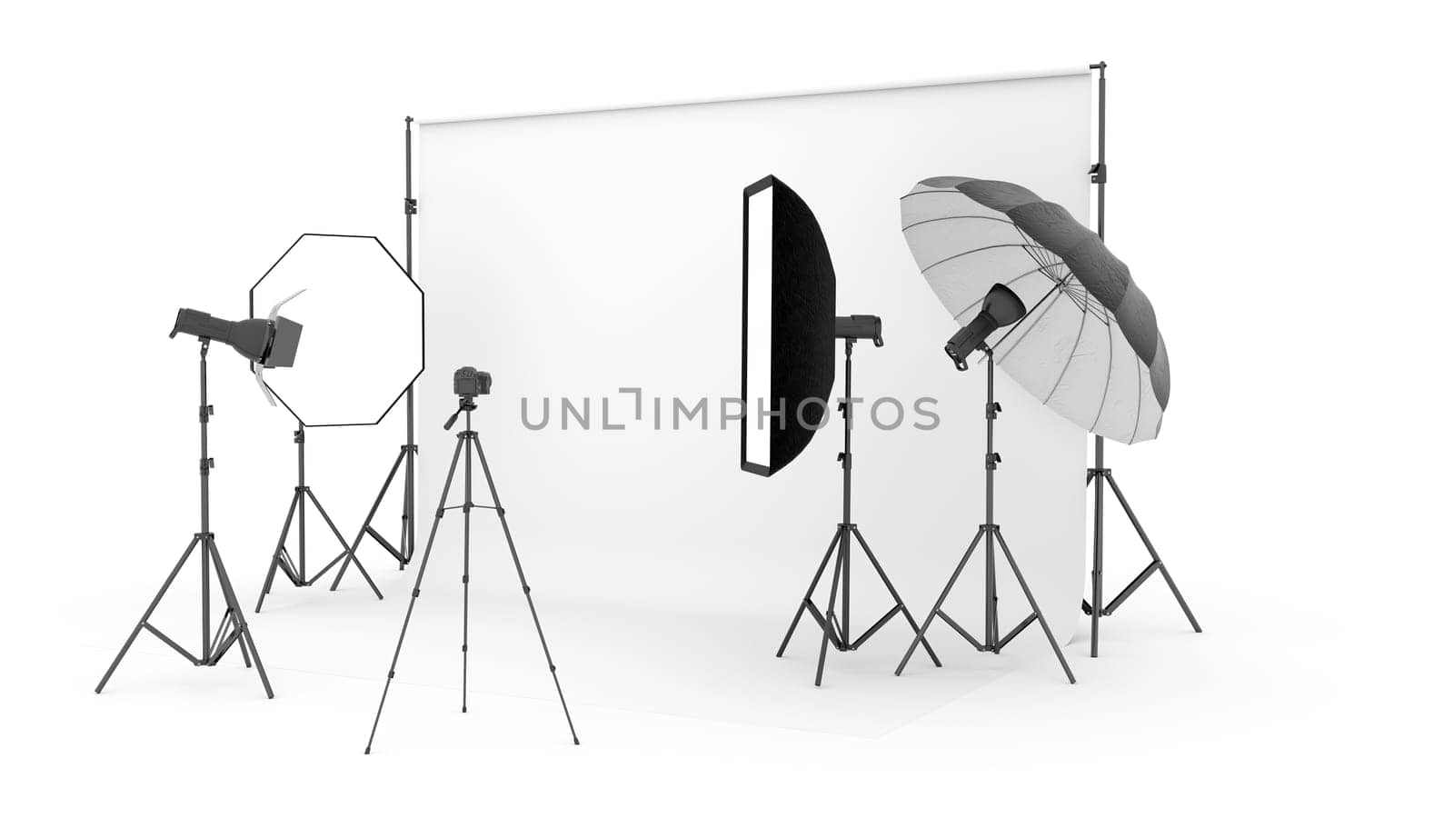 Empty photo studio with lighting equipment on white background. 3d rendering