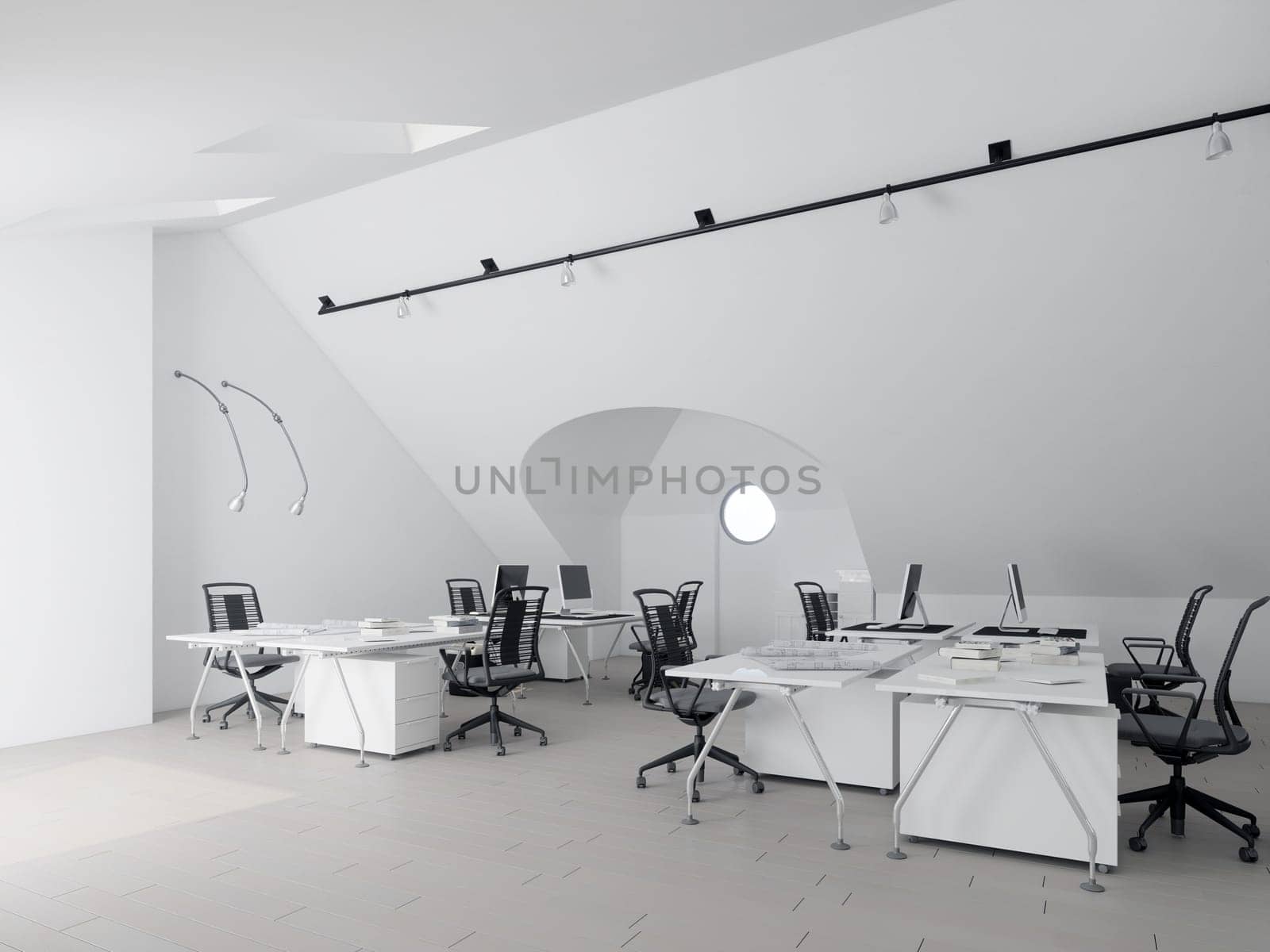 Minimalist office with ergonomic chairs and clean white design. 3d render