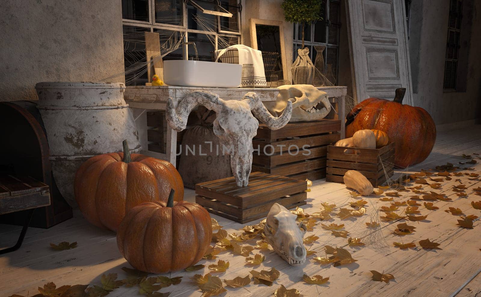 Spooky Halloween scene with skulls, pumpkins, and candles. 3D