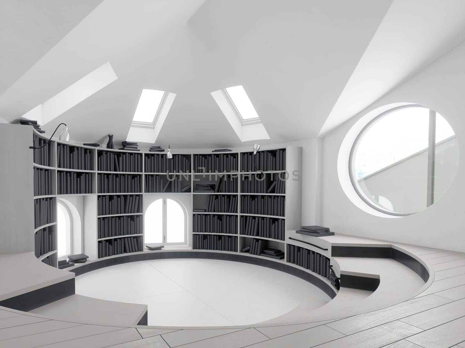 Interior of modern library with white walls, concrete floor and bookshelves. 3d rendering