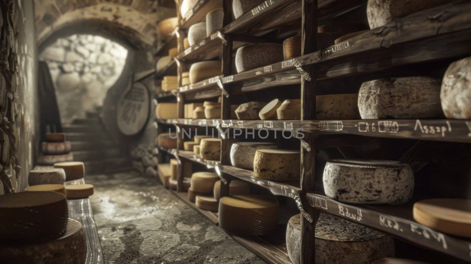 Wheels of aging cheese maturing on wooden shelves