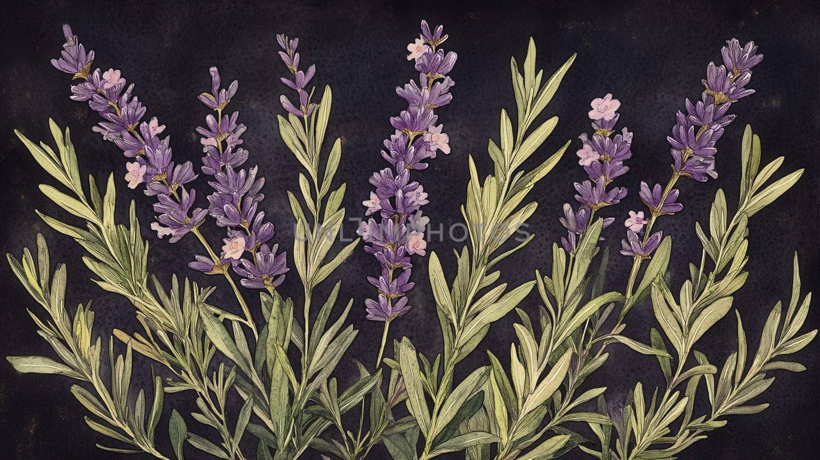 Detailed botanical watercolor illustration on dark