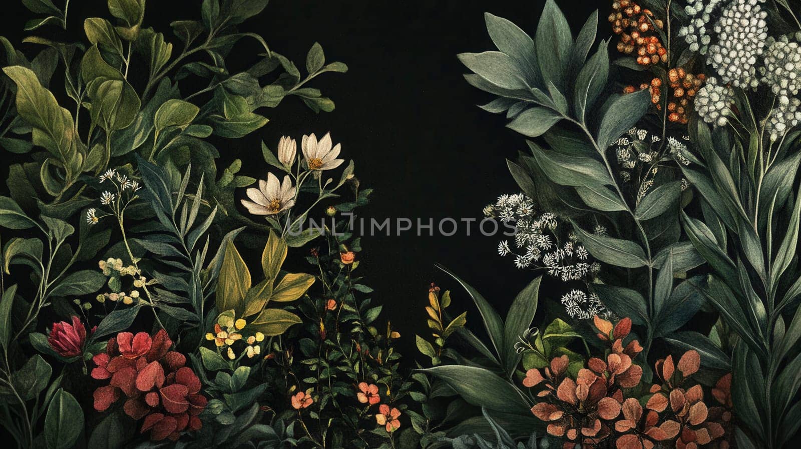 Detailed botanical watercolor illustration on dark