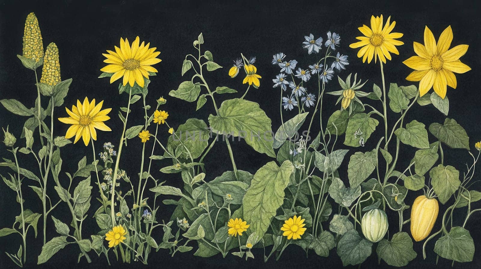 Detailed botanical watercolor illustration on dark