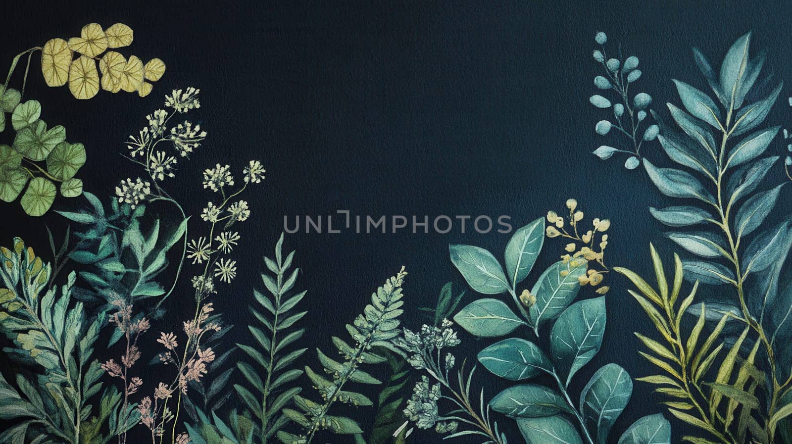 Detailed botanical watercolor illustration on dark