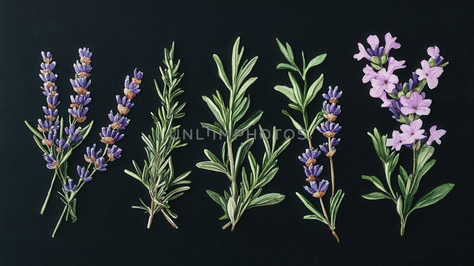 Detailed botanical watercolor illustration on dark