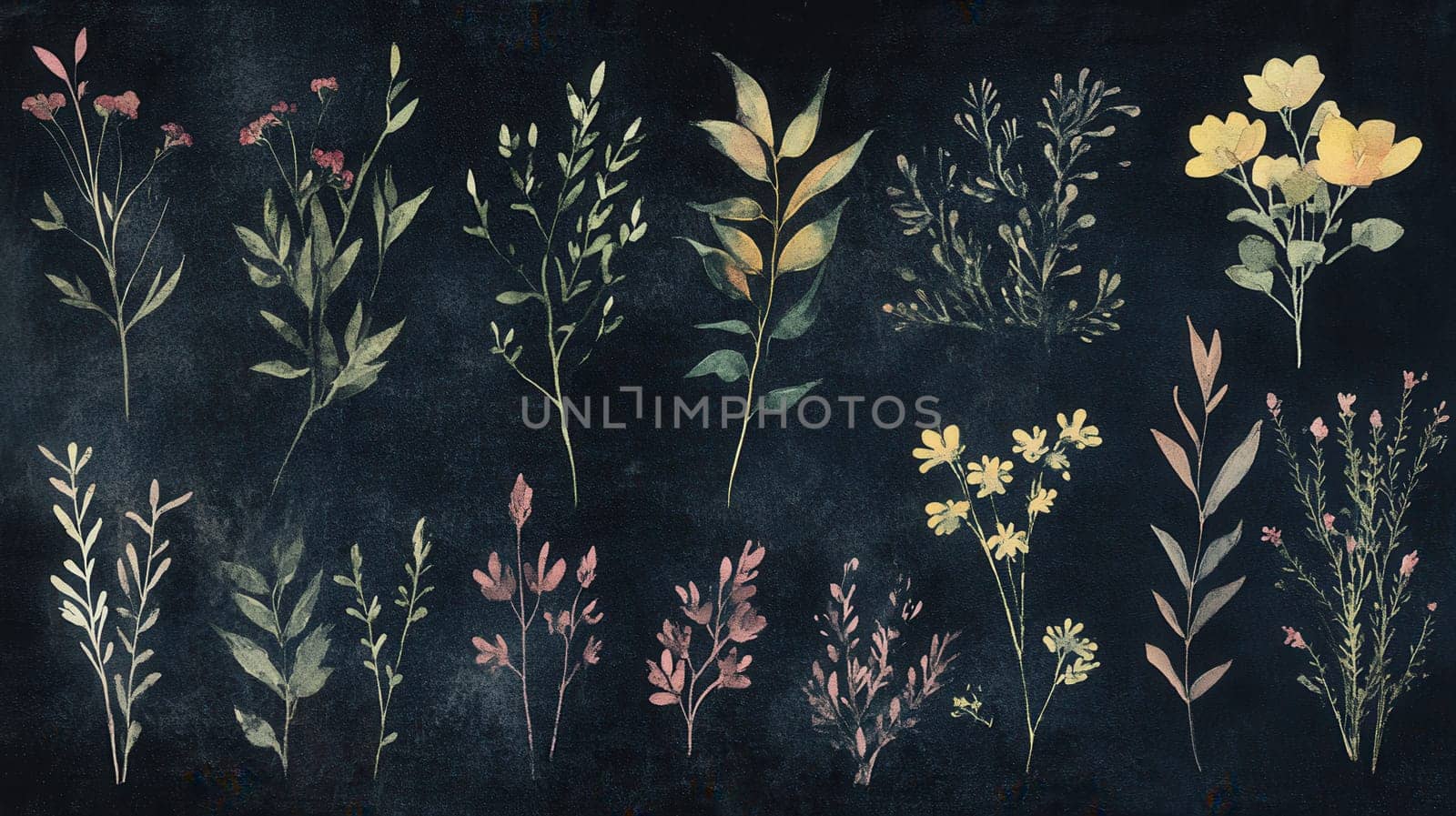 Detailed botanical watercolor illustration on dark