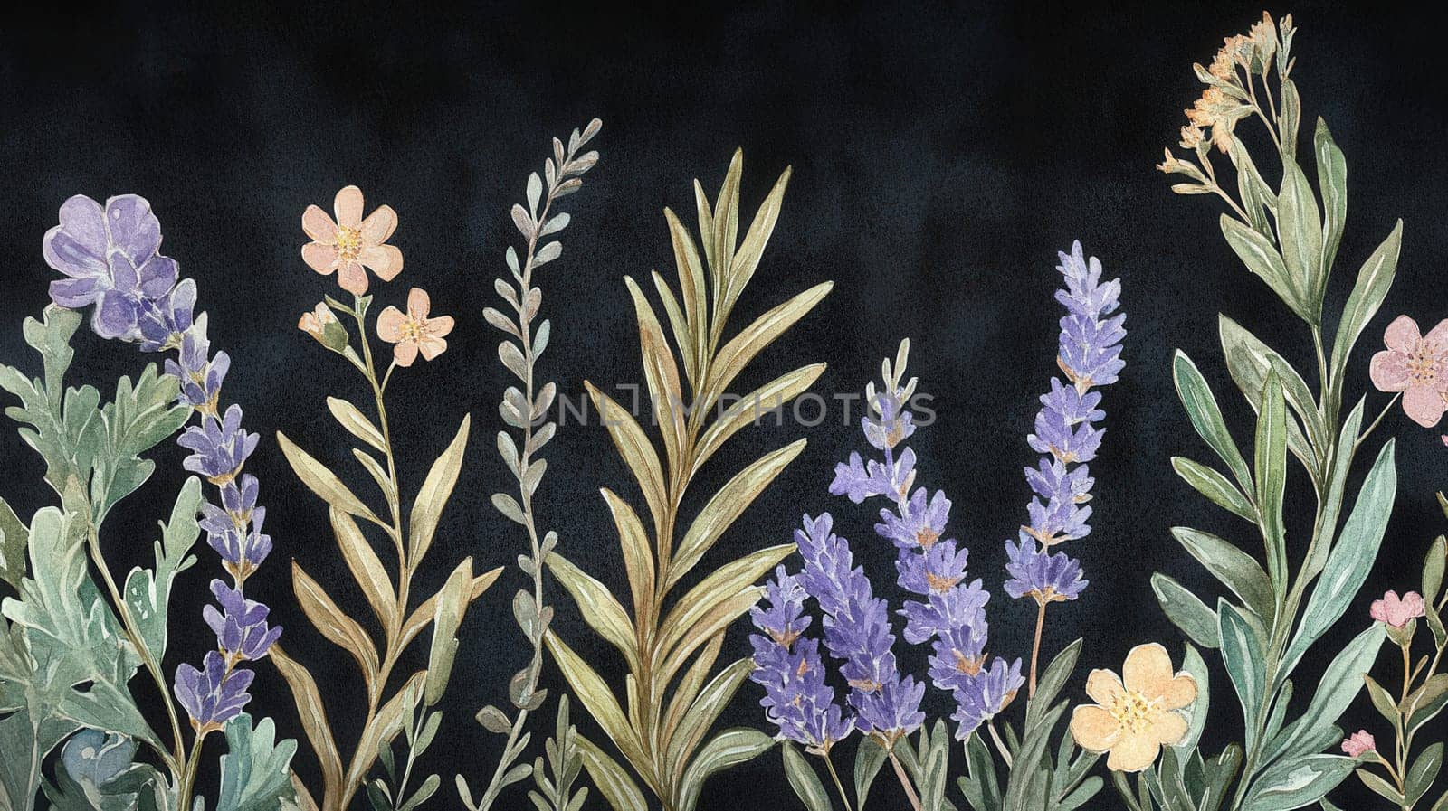 Detailed botanical watercolor illustration on dark