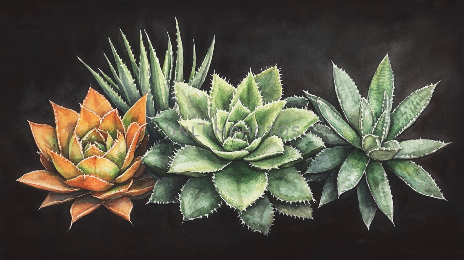 Detailed botanical watercolor showcasing succulents on dark
