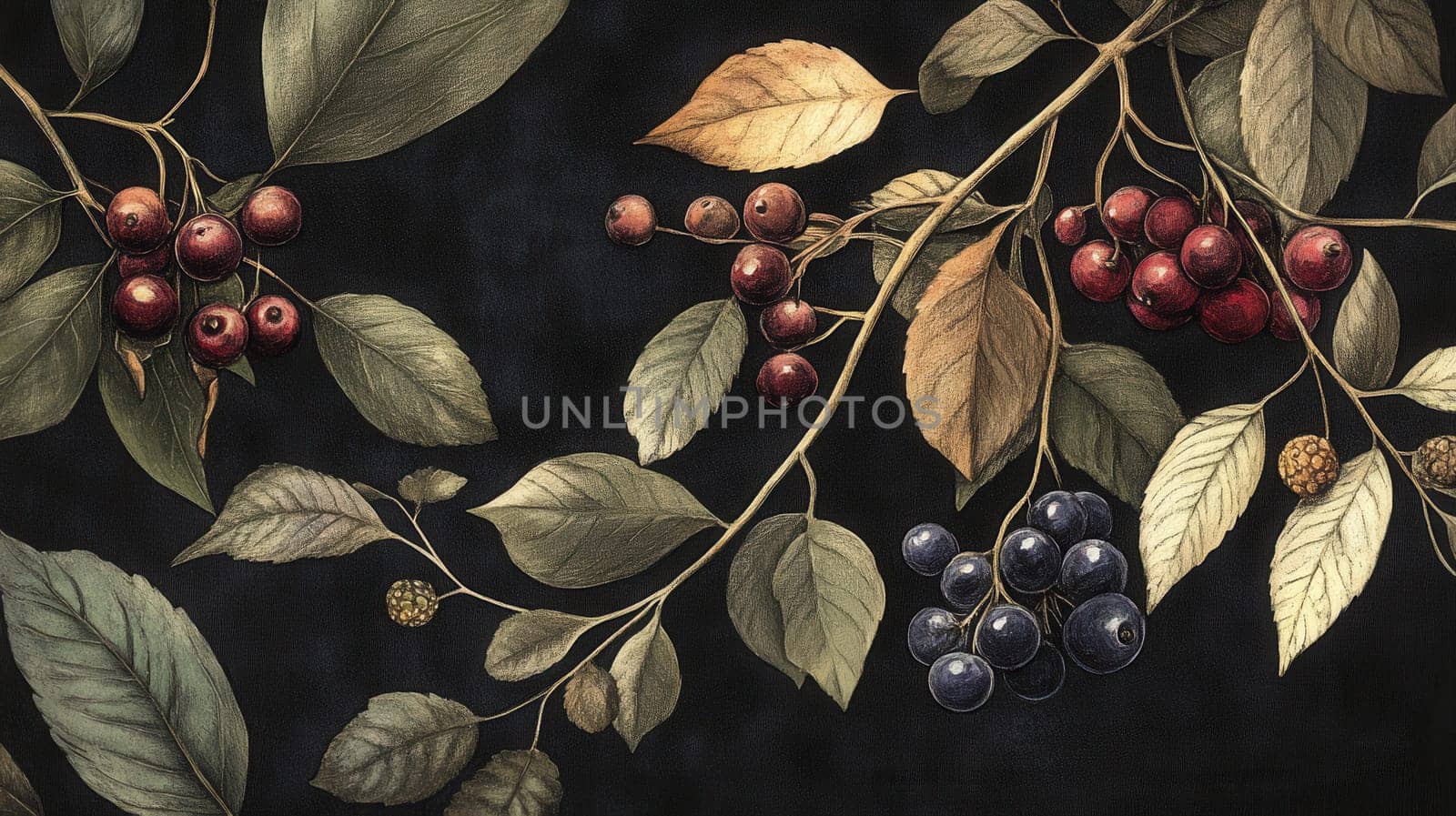 Detailed botanical drawing showcasing berries on dark background