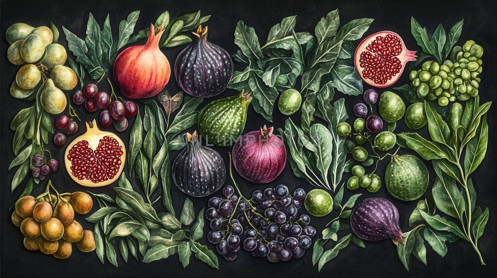 Detailed exotic fruits watercolor illustration on dark