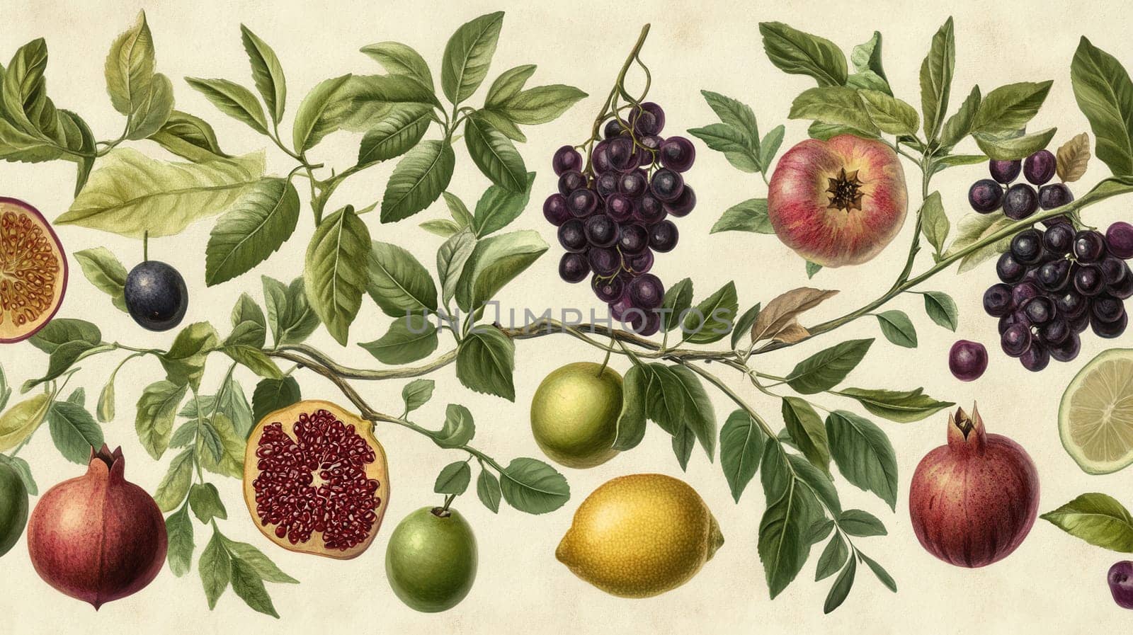 Detailed exotic fruits watercolor illustration on light