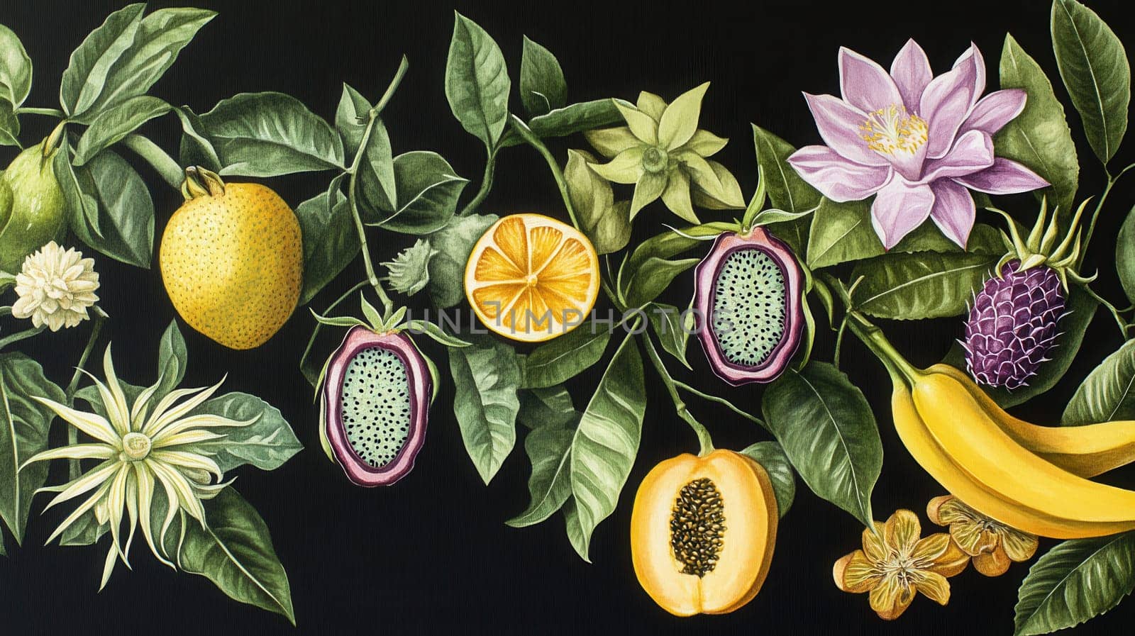 Detailed botanical drawing showcasing exotic fruits
