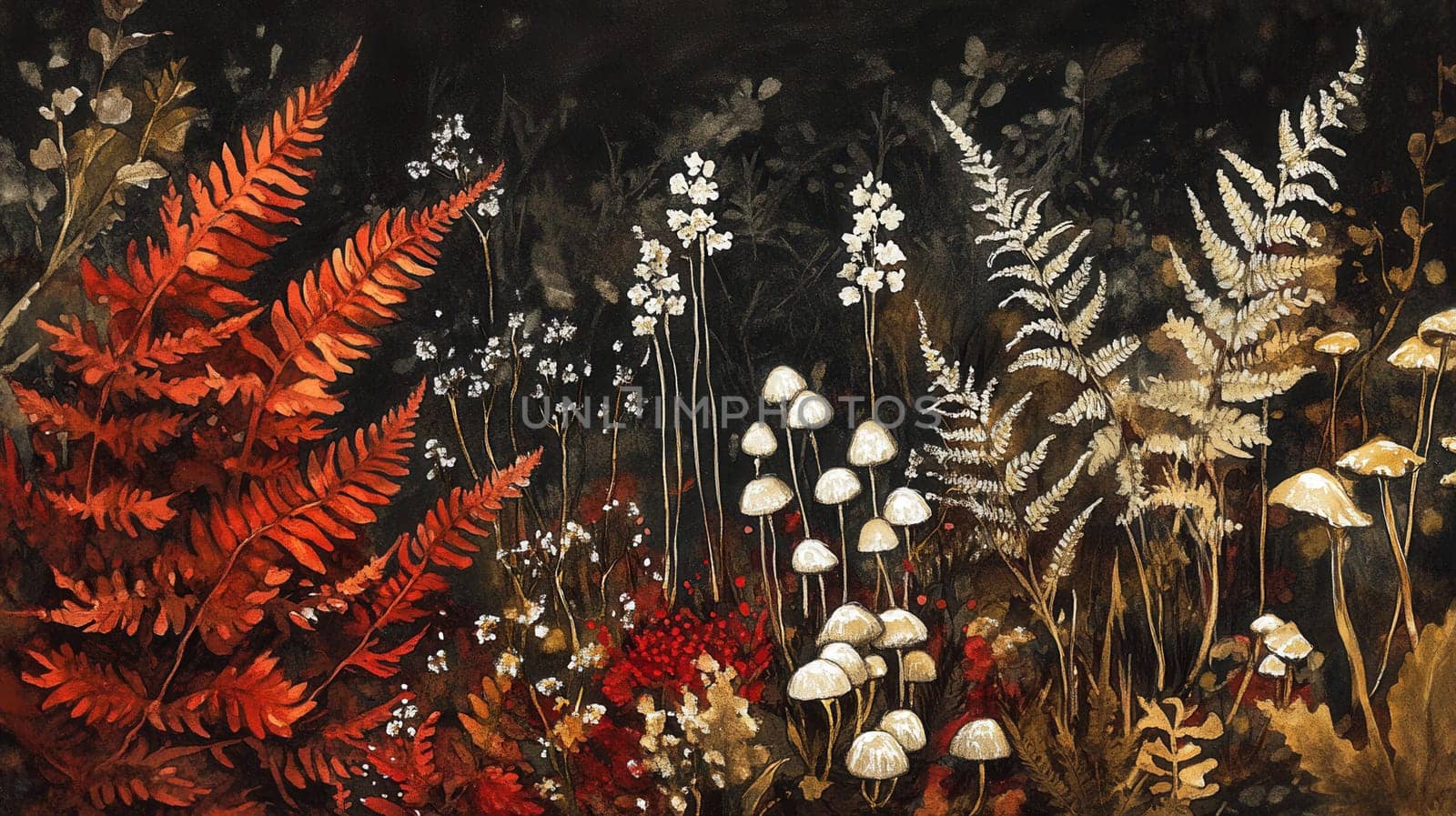 Detailed botanical illustration with mushrooms