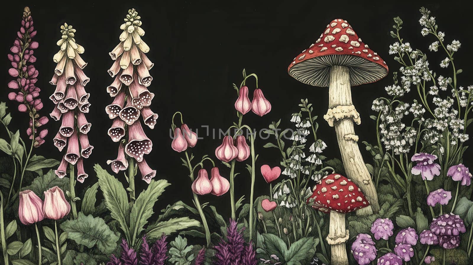Detailed botanical illustration with mushrooms