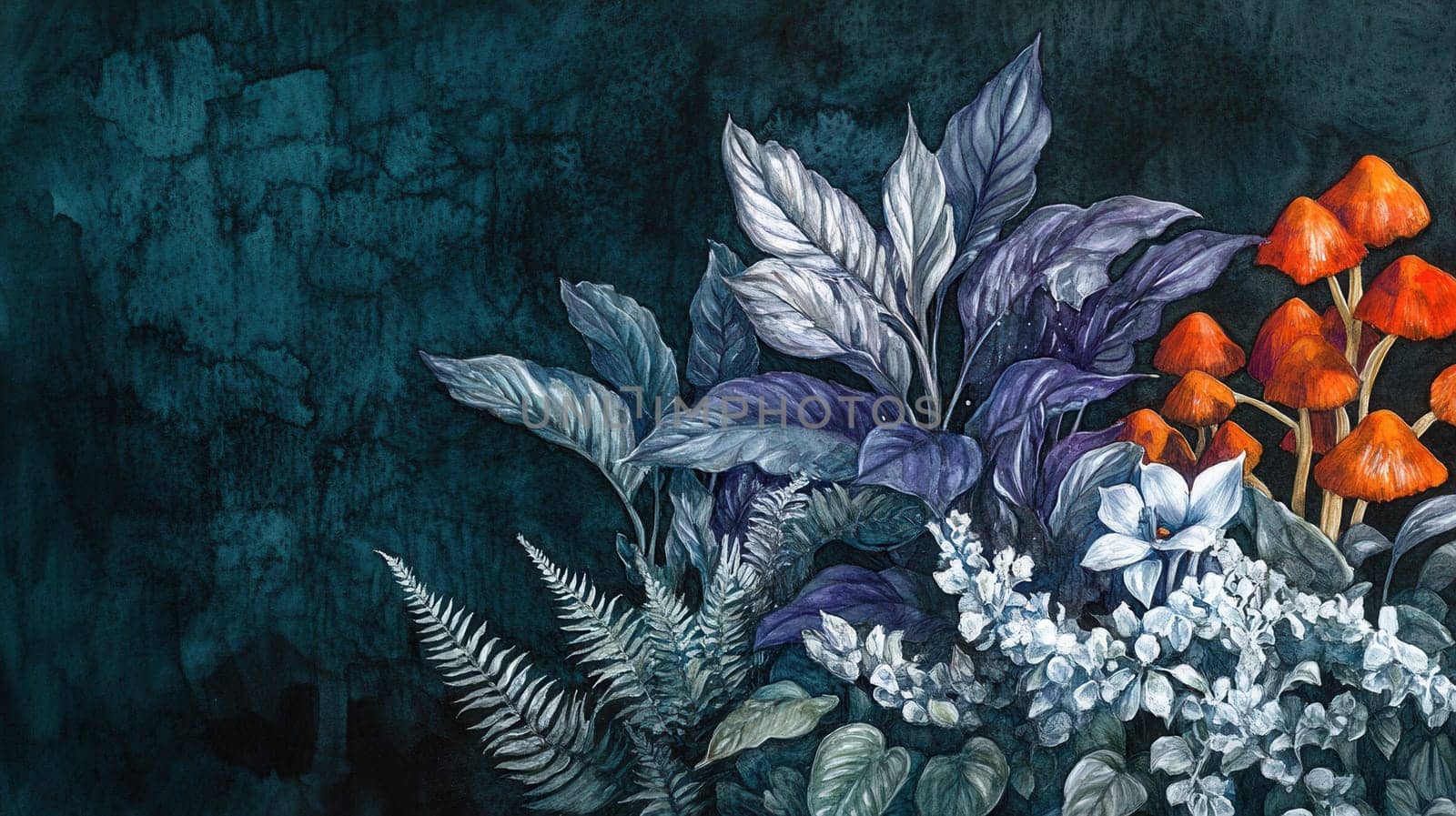 Detailed botanical illustration with mushrooms