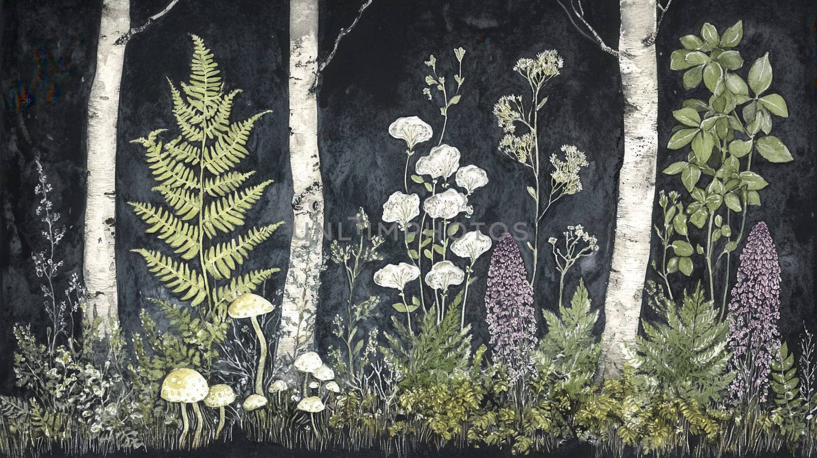 Detailed botanical illustration with mushrooms