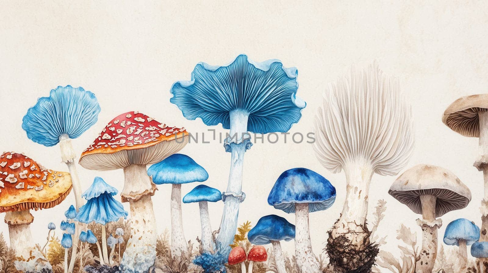 Detailed botanical drawing showcasing mushrooms
