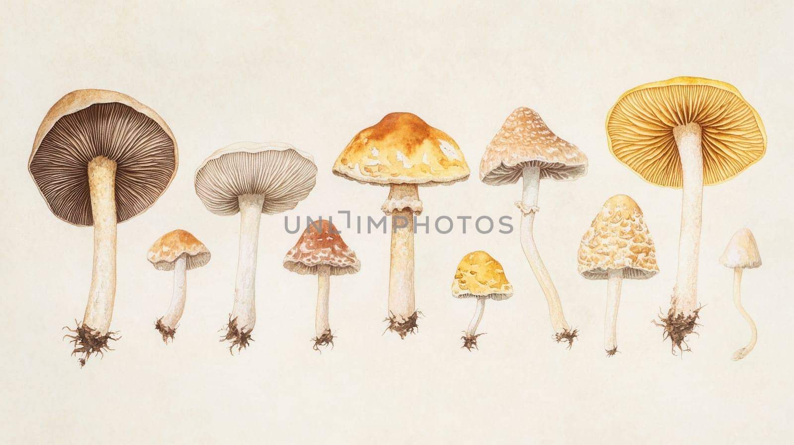 Detailed botanical drawing showcasing mushrooms