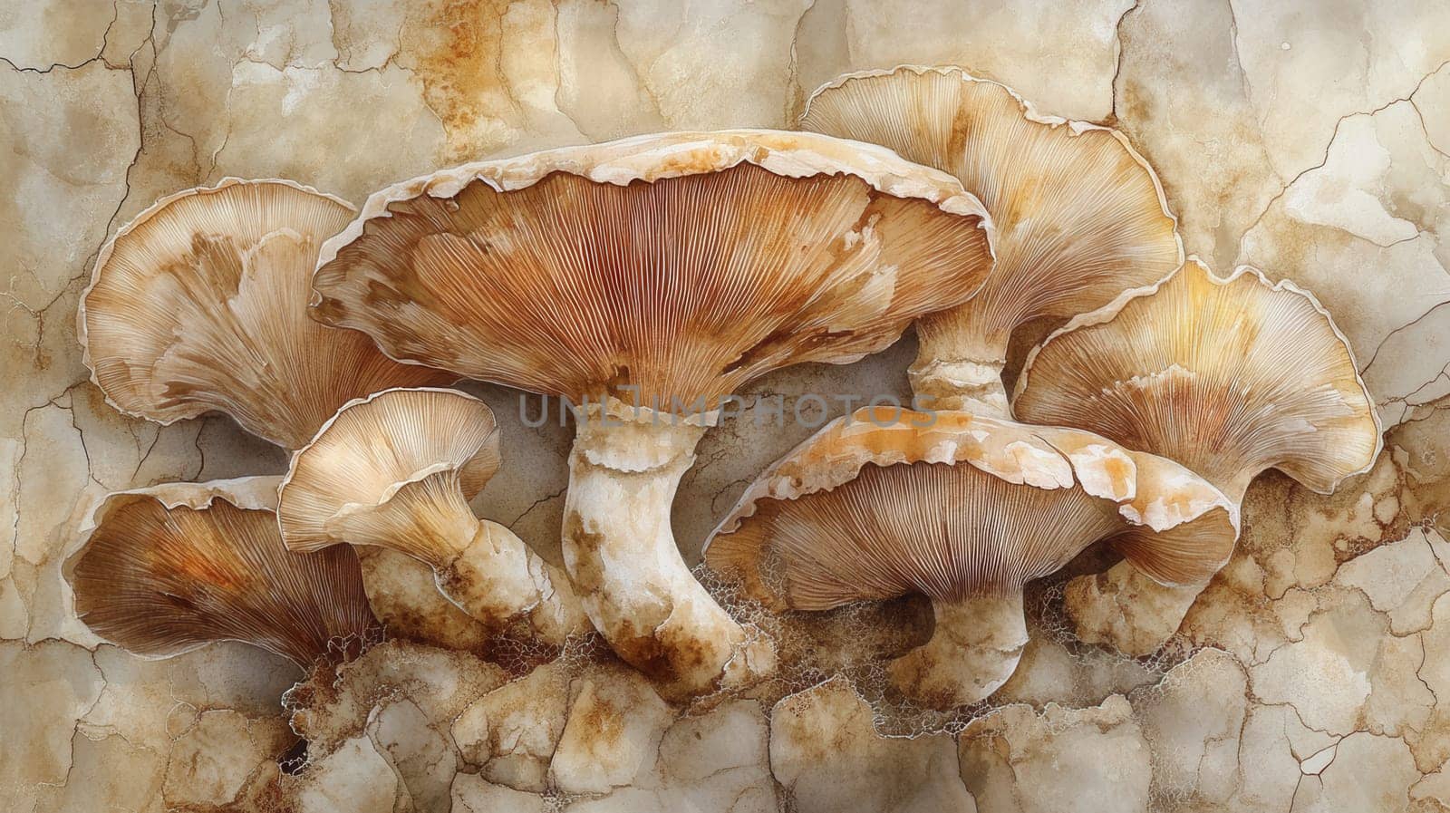 Detailed botanical drawing of the mushrooms