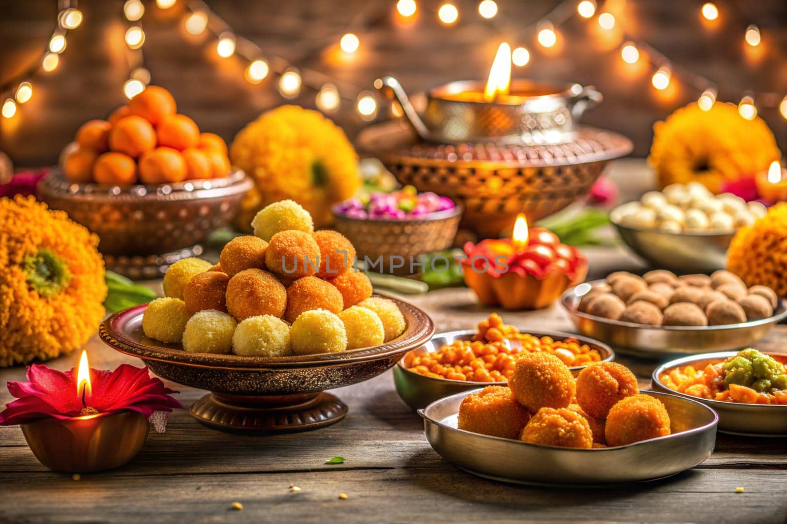 Diwali sweets Gujiya barfi Motichoor Laddu Rasmalai Indian sweet dessert mithai festival dish Dussehra Holi ganesh chaturthi Ram navami Durga puja durga ashtami Navratri Mumbai Kerala India Sri Lanka. Ai generated