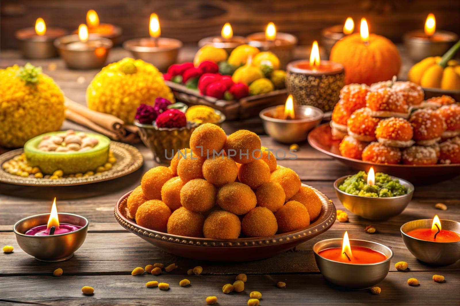 Diwali sweets Gujiya barfi Motichoor Laddu Rasmalai Indian sweet dessert mithai festival dish Dussehra Holi ganesh chaturthi Ram navami Durga puja durga ashtami Navratri Mumbai Kerala India Sri Lanka. Ai generated
