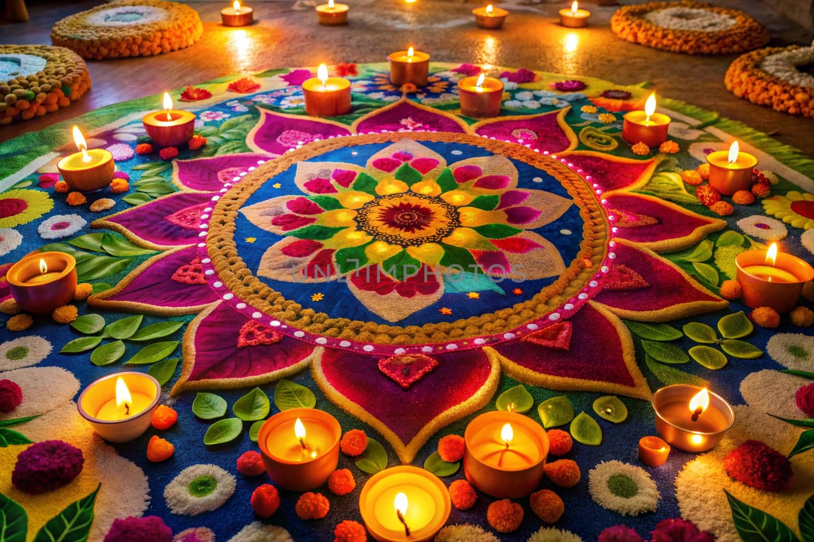 Traditional diya lamps lit on colorful rangoli. Indian Diwali festival decorations. Ai generated