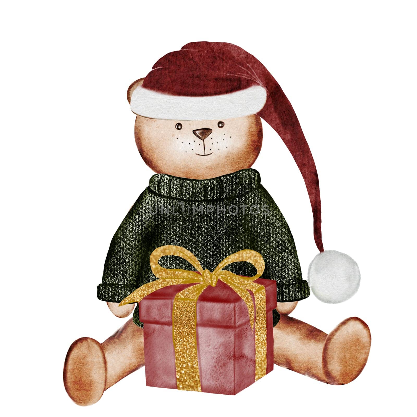 Christmas toy bear. Watercolor illustration hand drawing cute animal with a gift box. Clip art of a bear in a Christmas hat and a warm sweater isolated on a white background. Children's design. Ideal for New Year cards, posters and stickers Clumsy cute animal