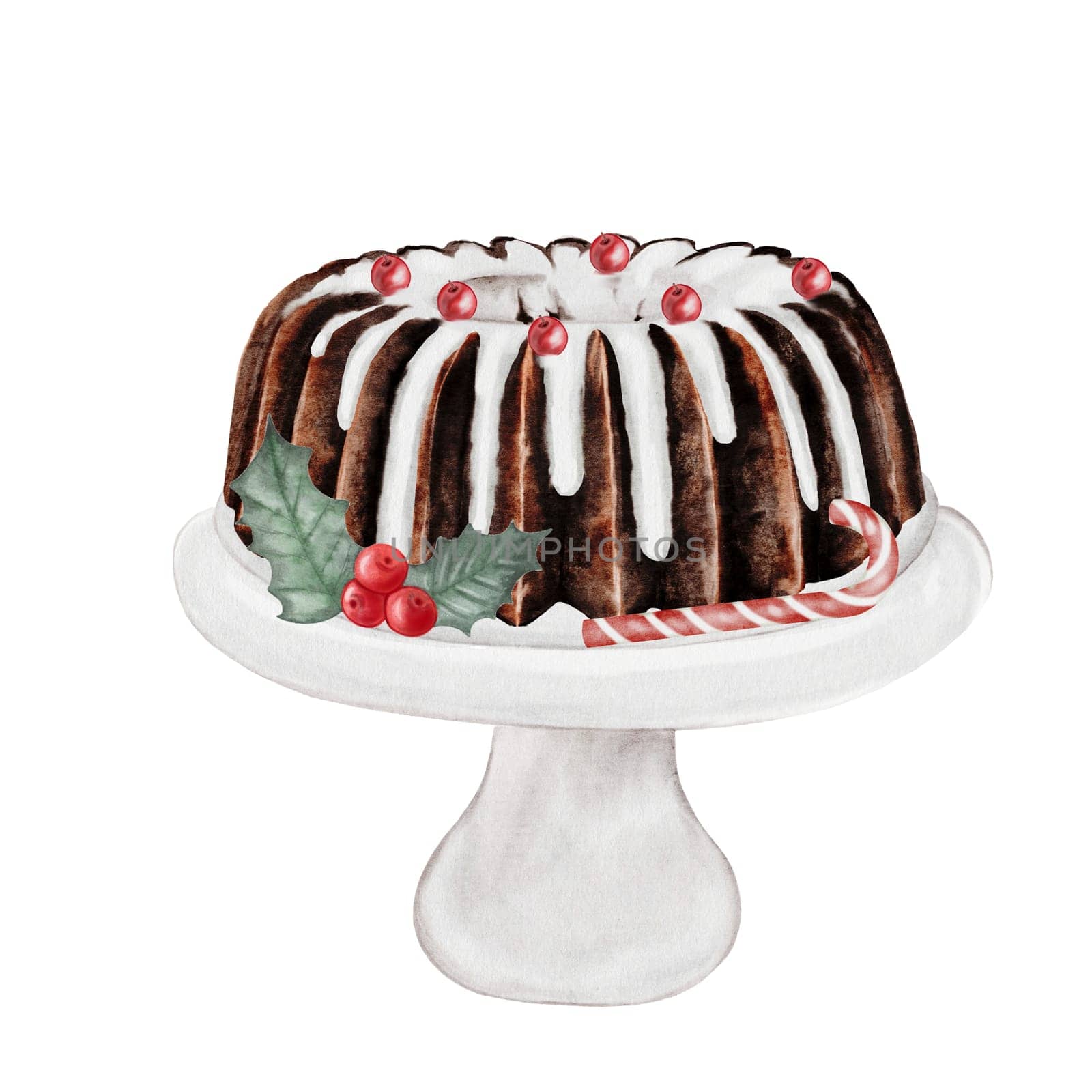 Christmas cake. Hand drawn watercolor traditional holiday pie. Clip art of chocolate pastry on isolated white background. Ideal for cookbook and bakery menu. High quality photo