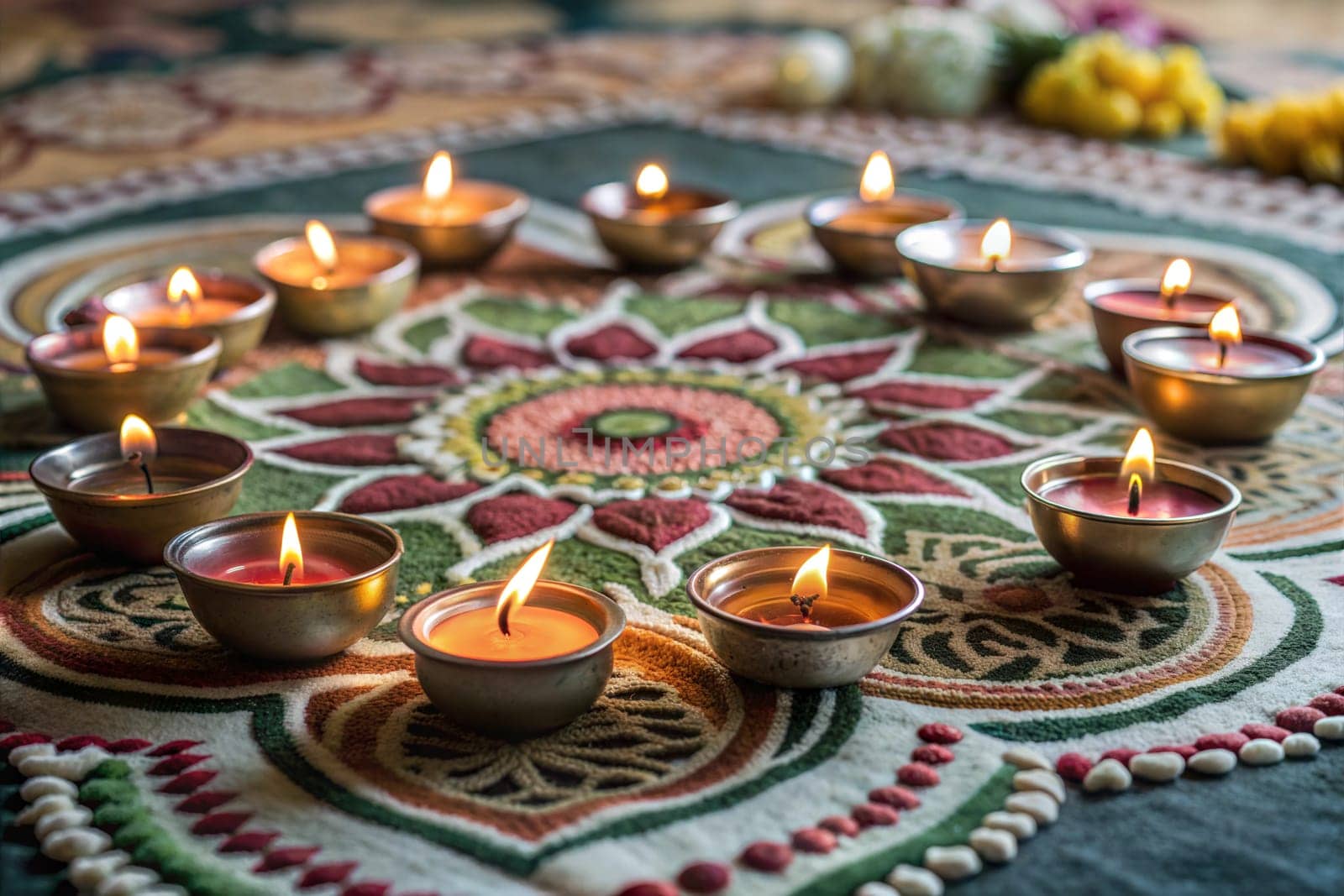Traditional diya lamps lit on colorful rangoli. Indian Diwali festival decorations. Ai generated