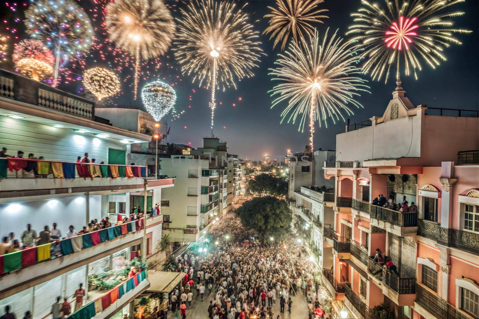Fireworks in the Sky in Diwali Festival. Diwali is biggest festival of India. Diwali is Festival of lights and happiness. people enjoy fire crackers in Diwali. Ai generated