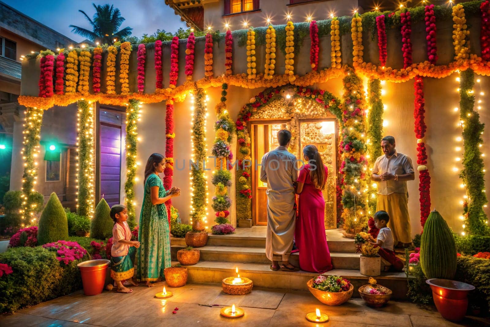 House decorated for Diwali. Indian Family Celebrating Diwali on Their Decorated yard. Hindu Festival of Lights. Ai decorated