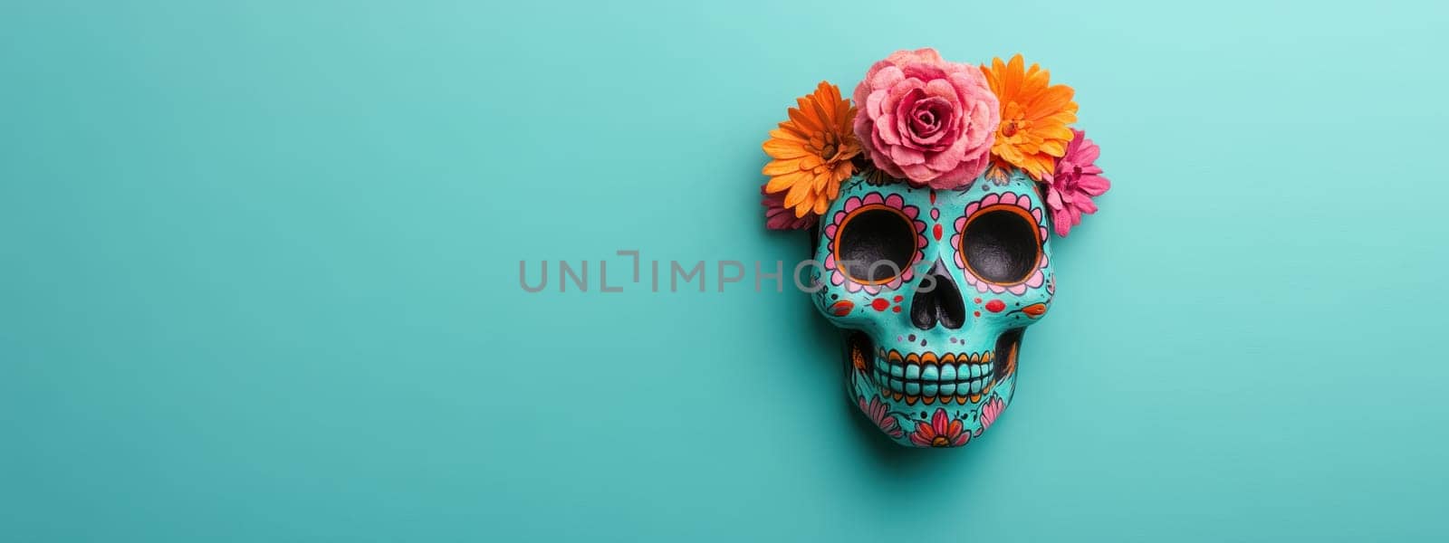Decorative Day of the Dead sugar skull with vibrant flower crown on teal backdrop