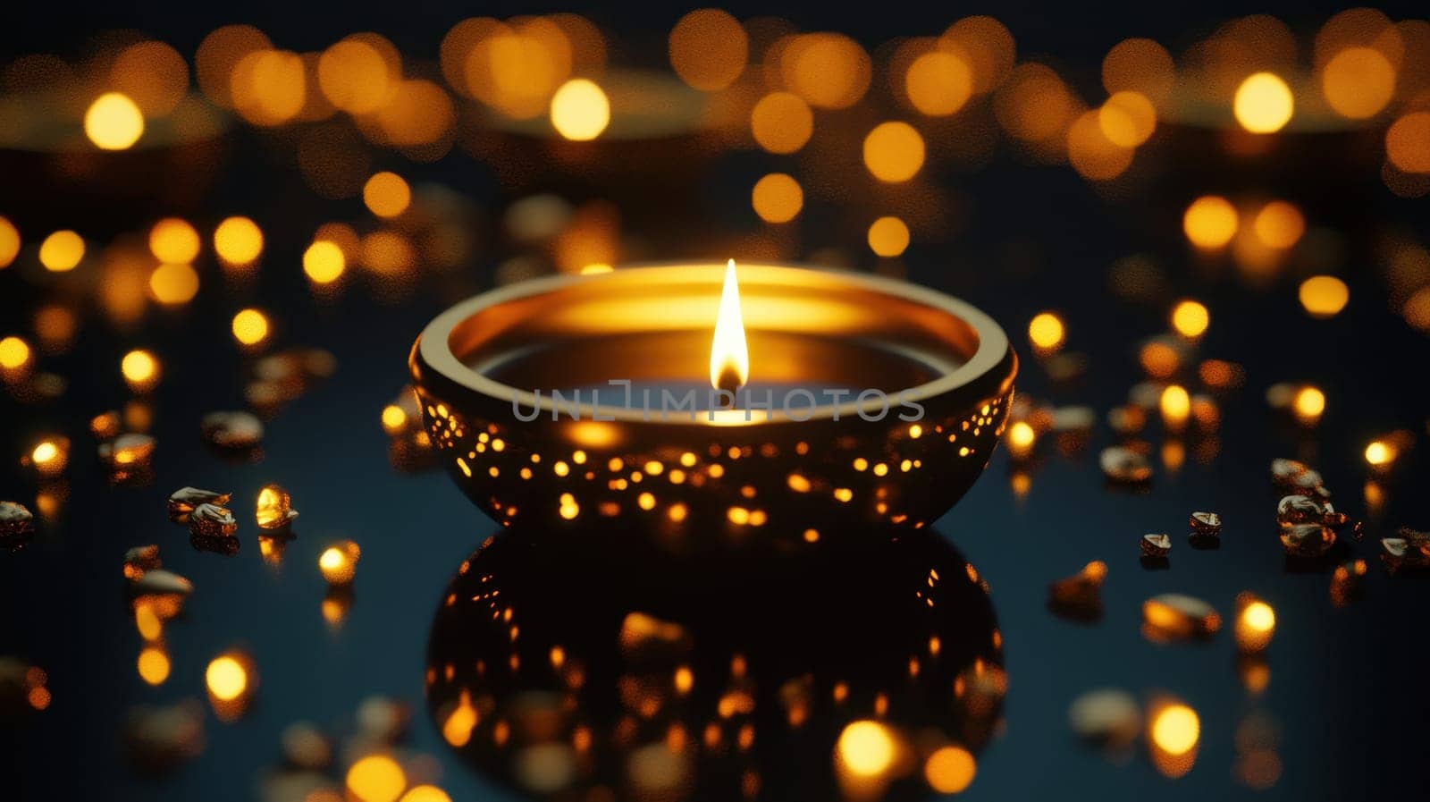 Golden Diwali Diya candle lamp with bokeh lights.