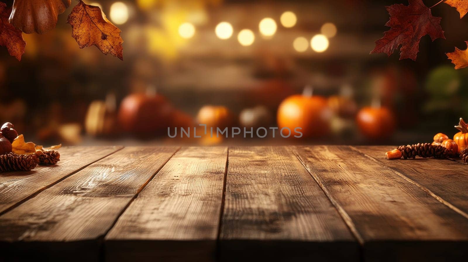 Autumn background with empty wooden table for a Thanksgiving dinner