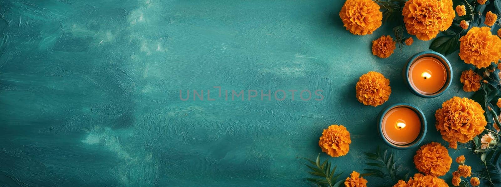 Day of the Dead, Dia de los Muertos background with marigold flowers and candles