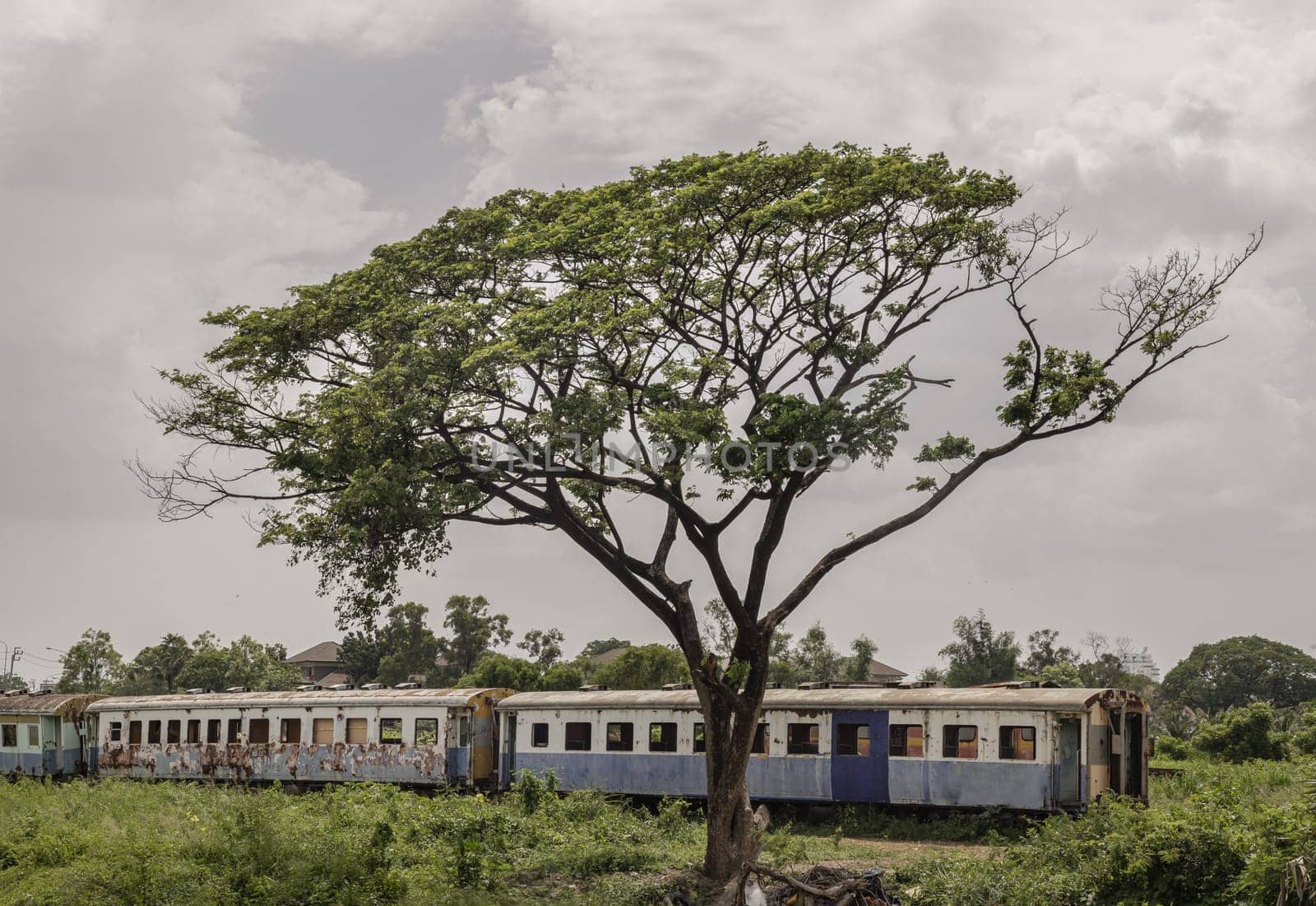 Bangkok, Thailand - May 28,2022 - View of vintage railroad container is parked in wasteland with sky background. The empty old rusty passenger train and abandoned, Space for text, Selective focus.