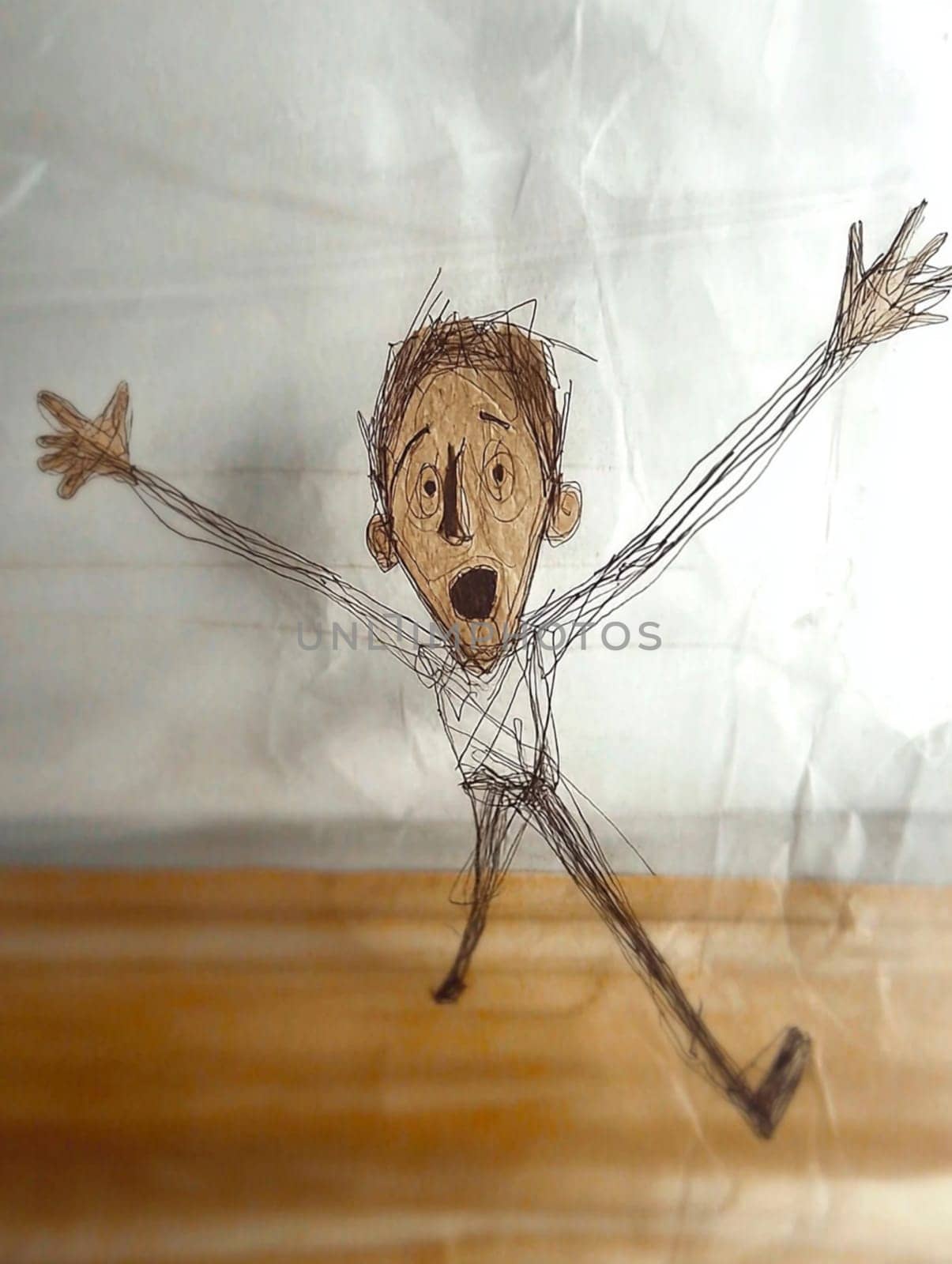 Cartoon character with arms raised is panicking, drawn with a black pen on transparent plastic