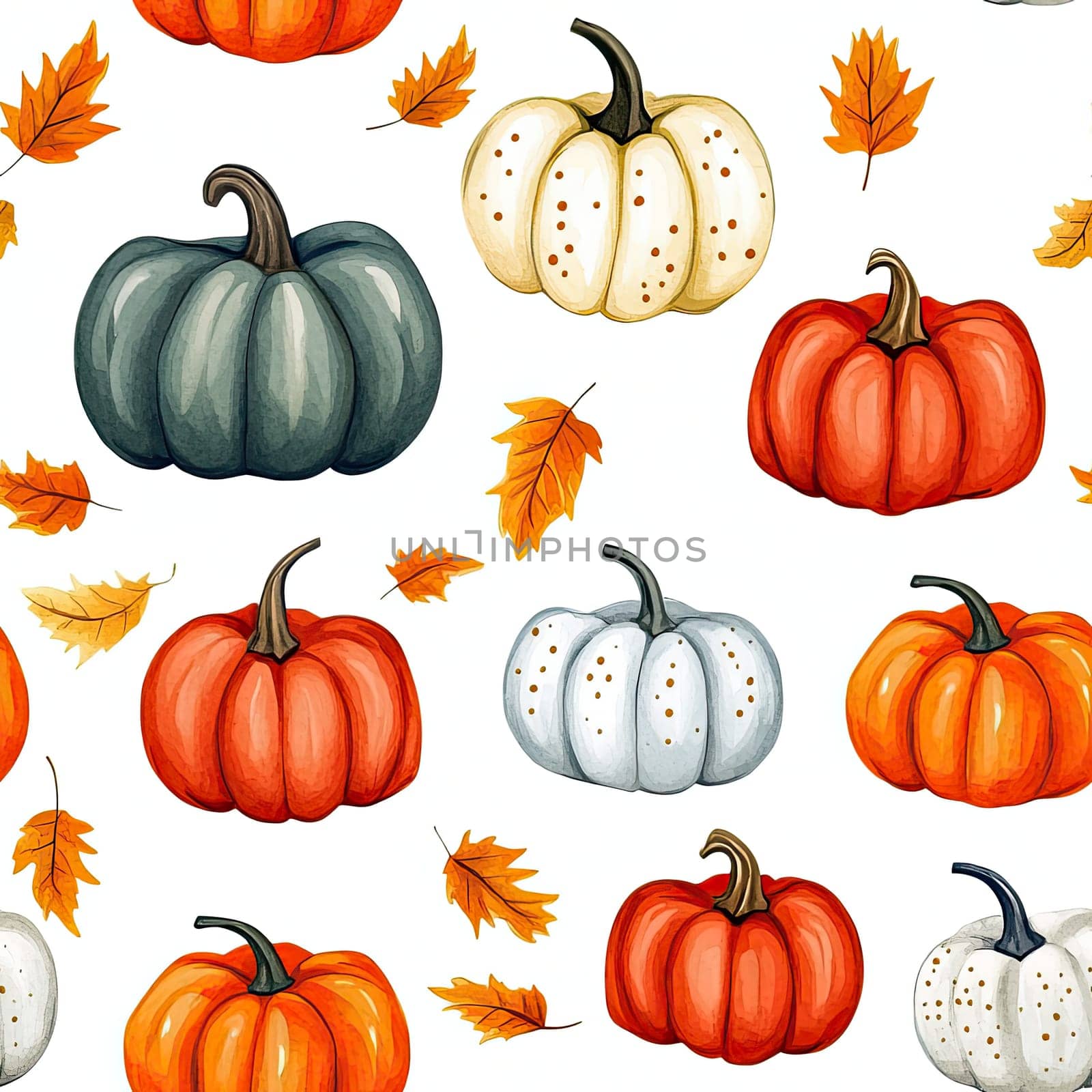 A vibrant collection of orange, white, and gray pumpkins is surrounded by scattered autumn leaves, creating a festive atmosphere for the fall season.