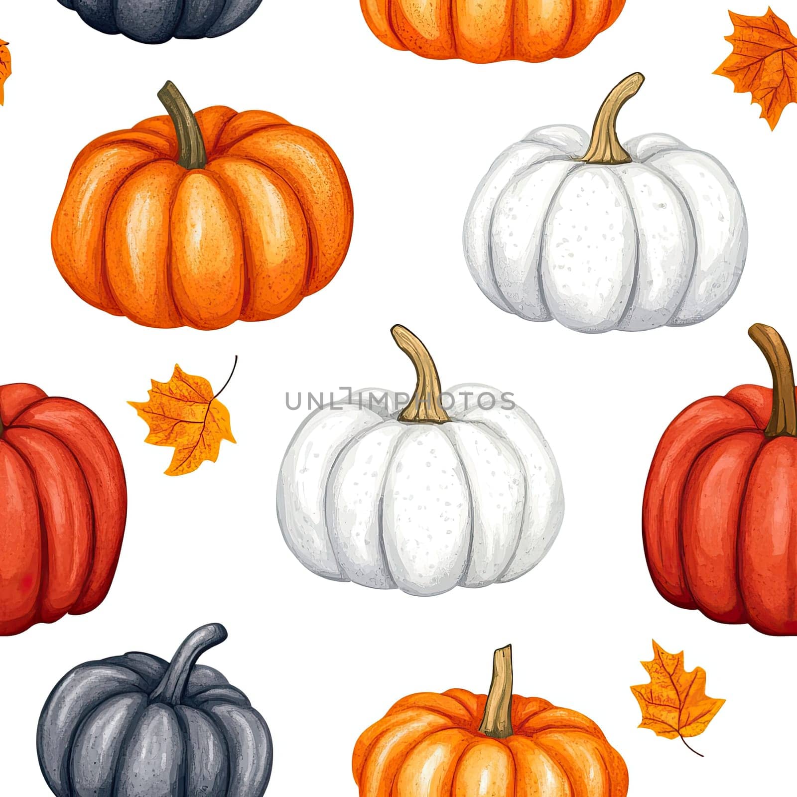 A vibrant collection of orange, white, and gray pumpkins is surrounded by scattered autumn leaves, creating a festive atmosphere for the fall season.