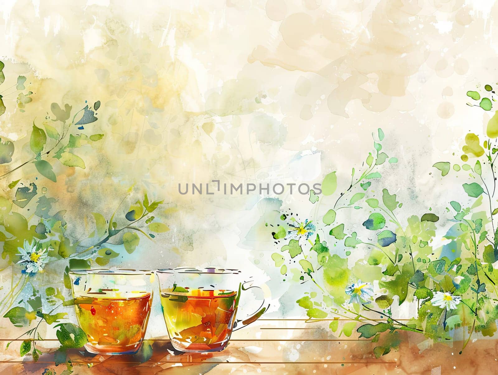 A vibrant cup of tea rests on a saucer amidst a lively arrangement of colorful flowers, capturing the serene beauty of nature in a garden.