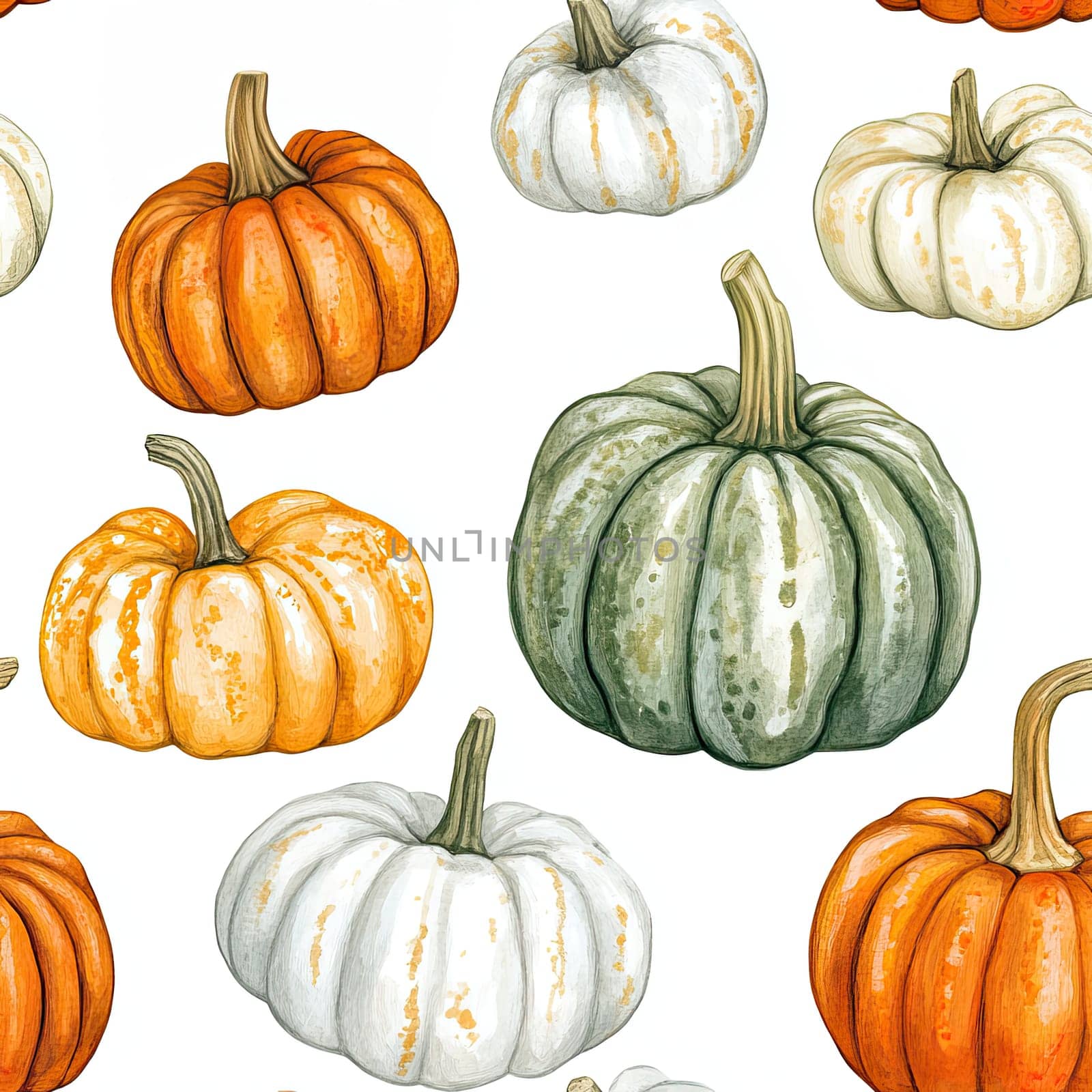 A vibrant collection of pumpkins in orange, white, and gray rests against a clean background, ideal for fall decorations or seasonal crafts.