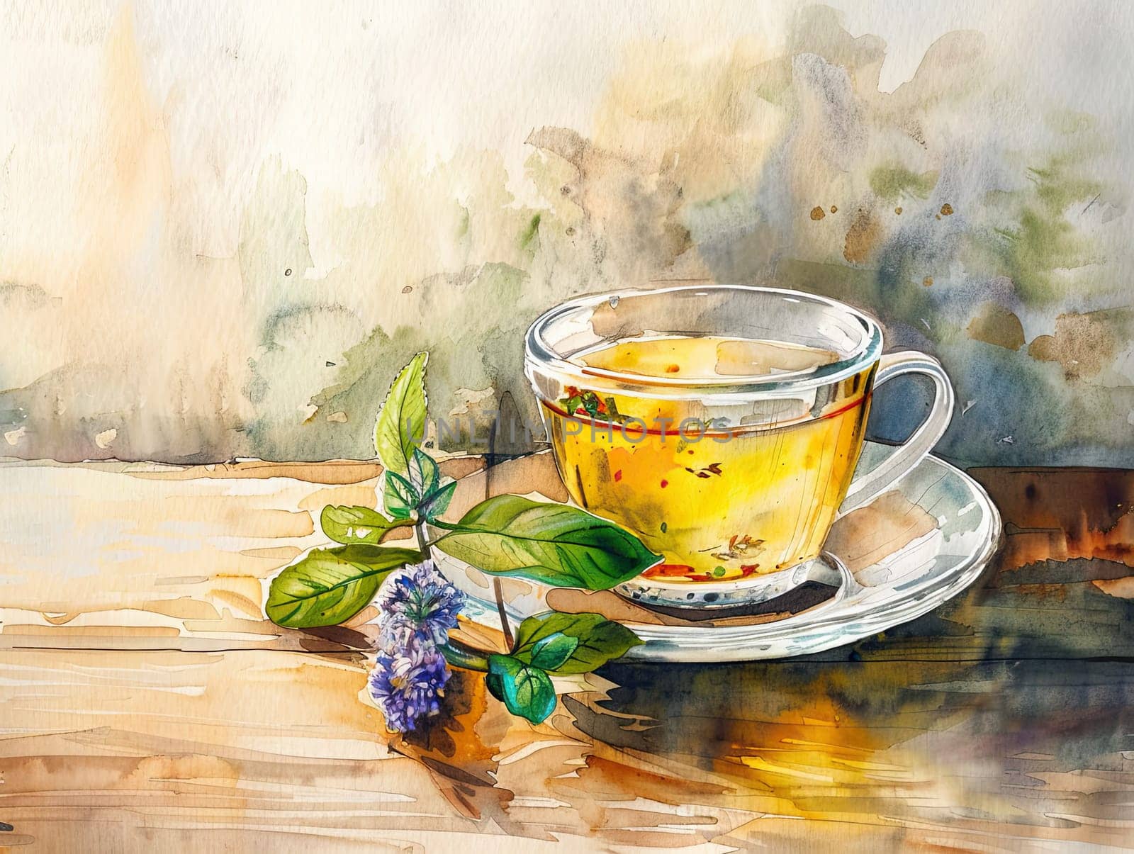 A vibrant cup of tea rests on a saucer amidst a lively arrangement of colorful flowers, capturing the serene beauty of nature in a garden.