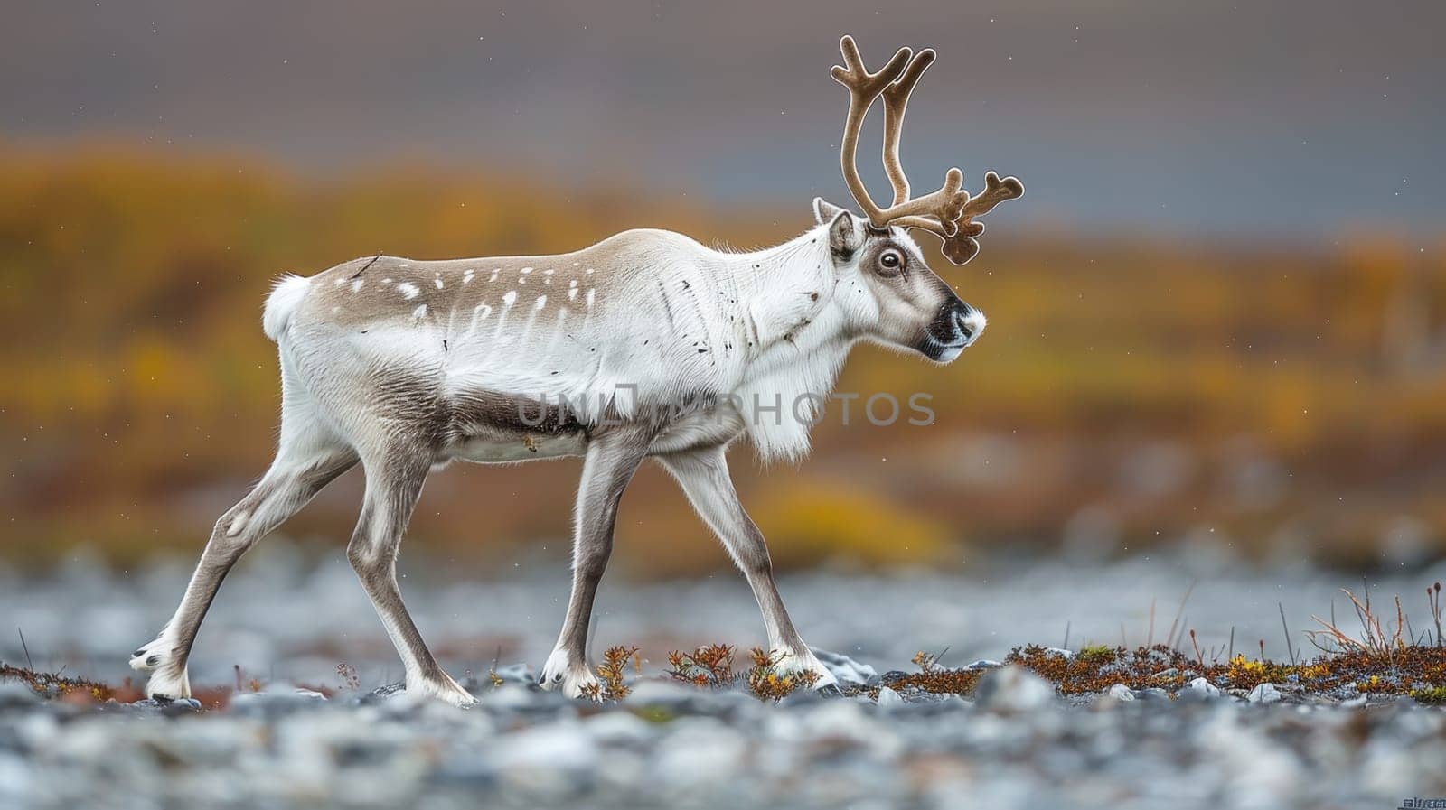 Portrait of a reindeer with massive antlers in the tundra. Reindeer in the polar region.
