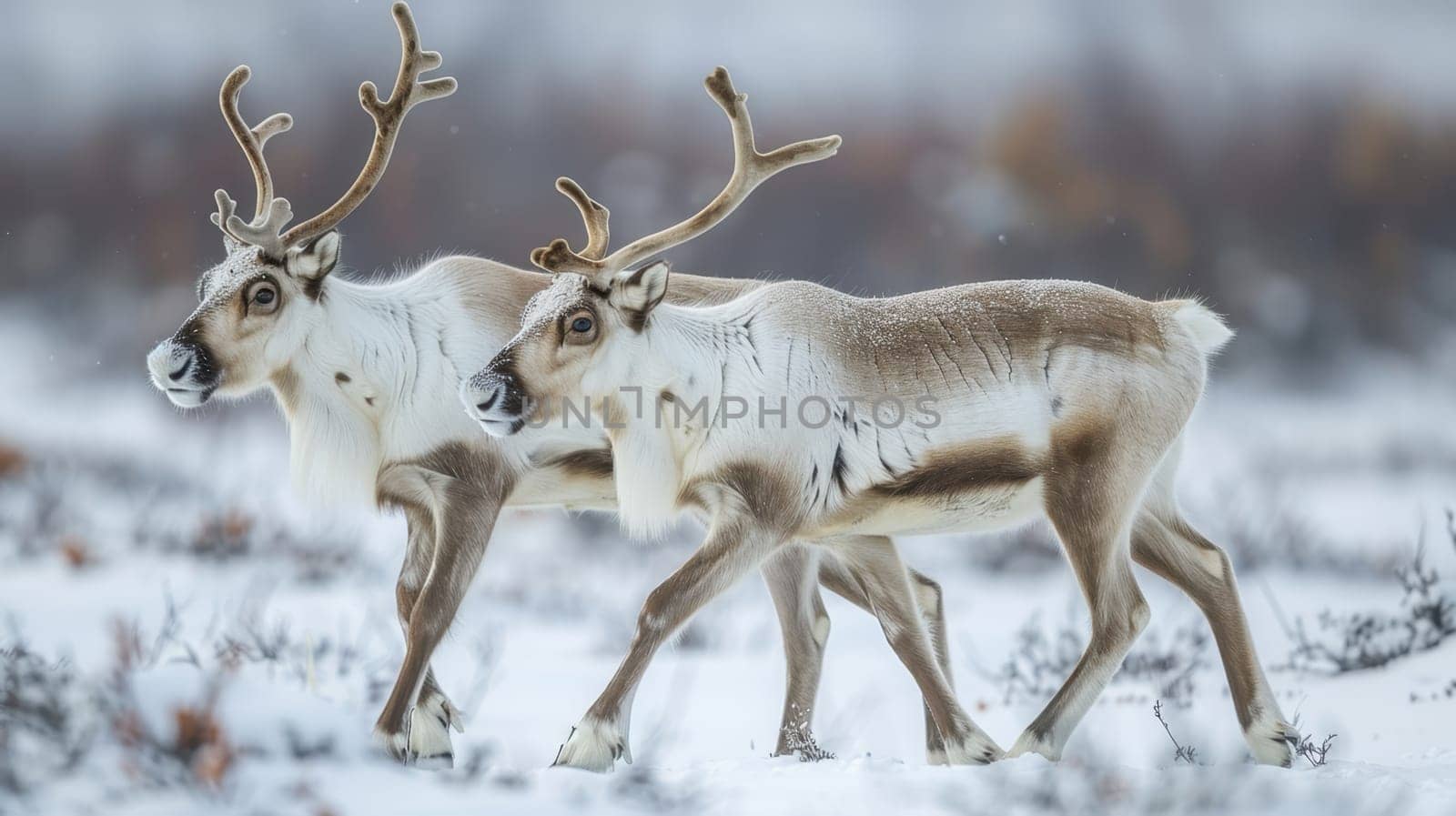 Svalbard reindeer with large antlers. Two reindeer in the north on the tundra.