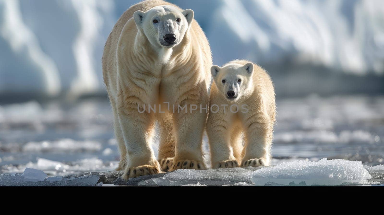Two polar bears mother and cub walk on an ice floe in Arctic waters.