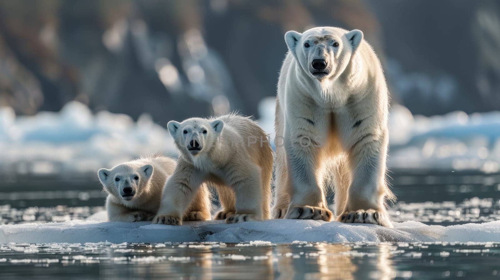 Polar bears on an ice floe in pack ice, Svalbard Island, Svalbard archipelago.