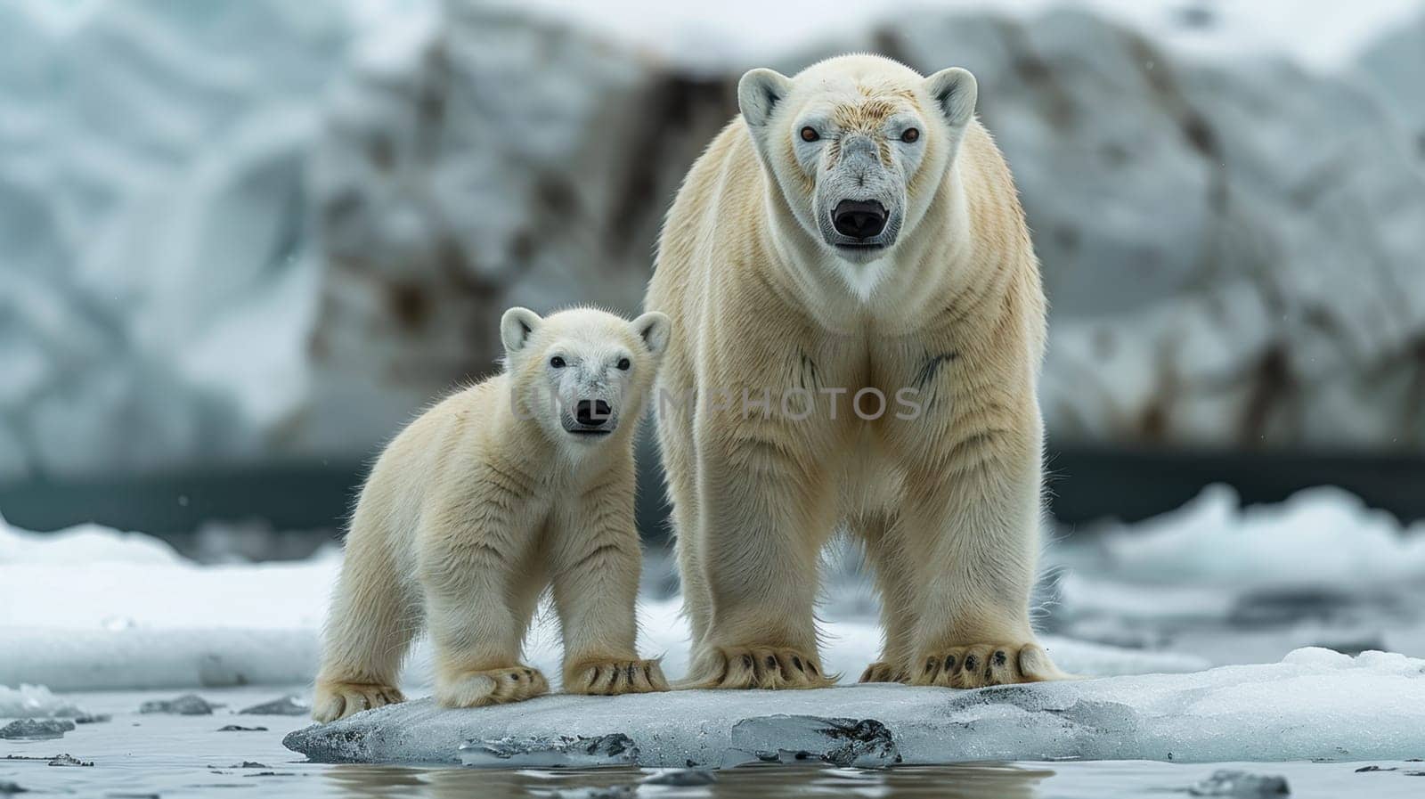 Two polar bears mother and cub walk on an ice floe in Arctic waters.