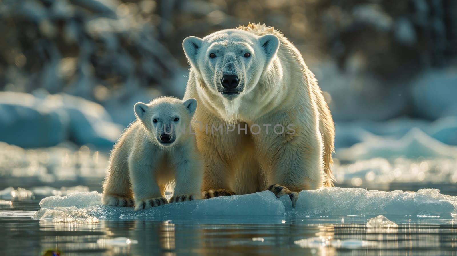 Two polar bears mother and cub walk on an ice floe in Arctic waters.